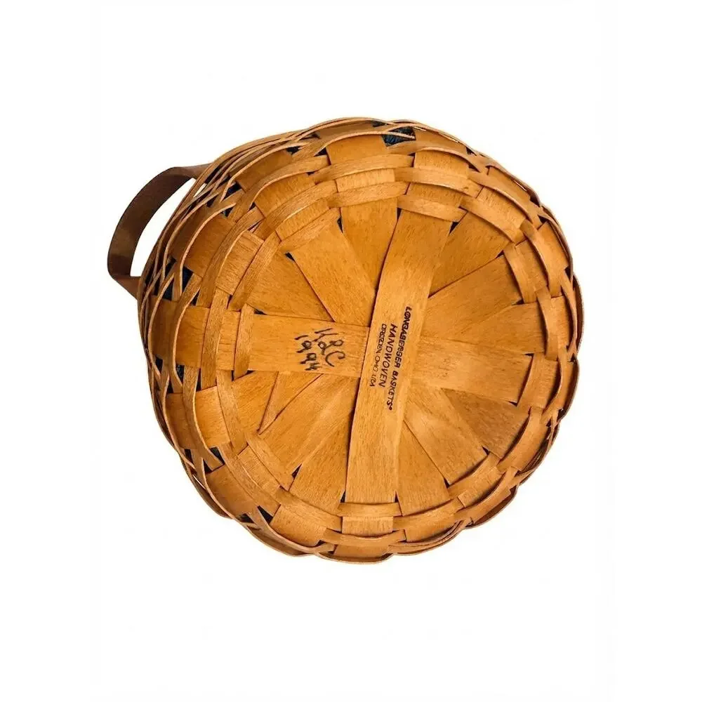 Vintage 1994 Longaberger Handwoven Round Basket - Leather Handles & Fabric Liner